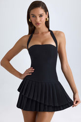 Rosaria-Asymmetric Layered Halterneck Mini Dress in Black
