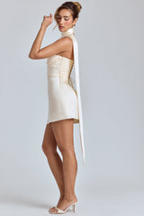 Anastasia-Draped Halterneck Satin Mini Dress in Ivory