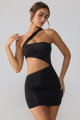 Shyla-Slinky Jersey Ruched Cut Out Mini Dress in Black