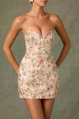 Dahlia-Embellished Strapless A-Line Mini Dress in Floral Beige