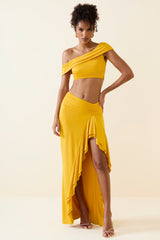 Imaan-Asymmetric Ruffled Low-Rise Maxi Skirt in Golden Yellow