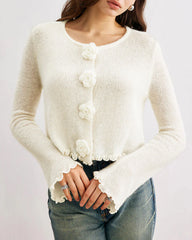 White Round Neck Flower Sweater