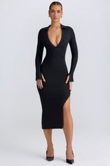 Yael-Modal Plunge V-Neck Midaxi Dress in Black