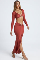 Adena-Hardware Detail Fishtail Maxi Skirt in Auburn Brown