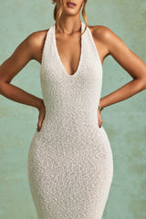 Mirri-Bouclé Halterneck Maxi Dress in White