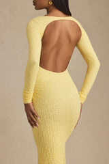 Tarini-Ruched Backless Lace Maxi Dress in Pastel Yellow