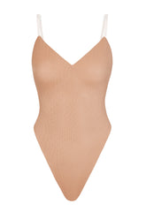 Intimates-Soft Mesh V-Neck Bodysuit in Warm Peach