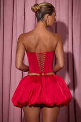 Amora-Embellished Heart Cut-Out Strapless Corset Top in Red