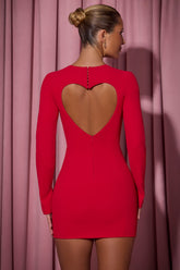 Adelia-Cut-Out Heart-Detail Bodycon Mini Dress in Red