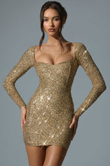 Sephina-Embellished Sweetheart-Neck Mini Dress in Gold