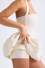 Ludmila-Halterneck Lace-Up Bubble Hem Corset Micro Mini Dress in Ivory