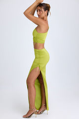 Ishaana-Ruched Asymmetric-Waist Maxi Skirt in Pear Green