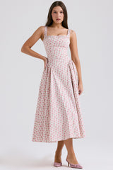 White Rosebud Print Cotton Midi Sundress