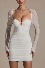 St Germain-Embellished Long-Sleeve Mini Dress in White