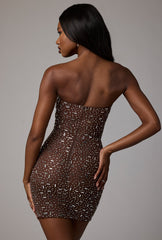 Caprice-Sheer Embellished Bodycon Mini Dress in Deep Cocoa