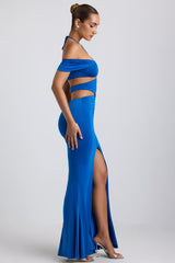Karleen-Slinky Jersey Cut-Out Halterneck Gown in Cobalt Blue