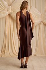Shaya-Asymmetric Scarf-Detail Midaxi Dress in Chocolate Brown