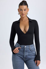 Yanna-Modal Plunge V-Neck Bodysuit in Black