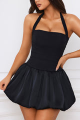 Ludmila-Halterneck Lace-Up Bubble Hem Corset Micro Mini Dress in Black