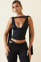 Sarai-Plunge-Neck Draped Top in Black