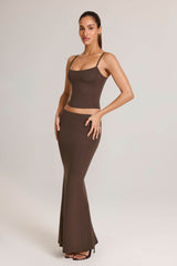 Avenley-Modal Mid-Rise Fishtail Maxi Skirt in Chocolate Brown