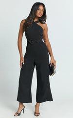 Tracy Jumpsuit - Diamond Neck Belted Straight Leg Jumpsuit in Black