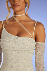 Soho-Embellished Asymmetric Corset Mini Dress in Ivory