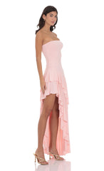Strapless Ruffle Asymmetrical Maxi Dress in Baby Pink