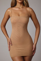 Intimates-Soft Mesh Mini Slip Dress in Almond