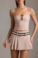 Velora-Belted Low-Rise Pleated Mini Skirt in Mushroom