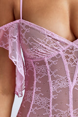 Eleonora-Sheer Lace A-Line Mini Dress in Baby Pink