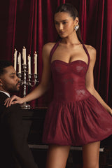 Felicity-Embellished Halterneck Bubble Hem Mini Dress in Wine Red