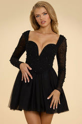 Olympia-Plunge Neck Tulle Mini Dress in Black