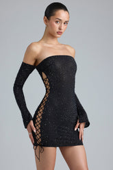 Jade-Embellished Lace-Up Off-Shoulder Mini Dress in Black