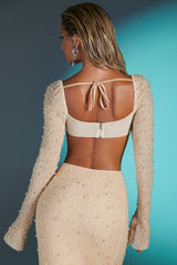 La Désirade-Embellished Cowl Neck Crop Top in Sand