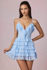 Lolina-Ruffled Lace-Up A-Line Mini Dress in Powder Blue