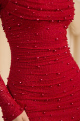Tivoli-Embellished Cowl-Neck Draped Mini Dress in True Red