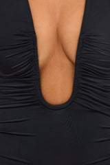 Sofija-Slinky Jersey Plunge Neck Ruched Mini Dress in Black