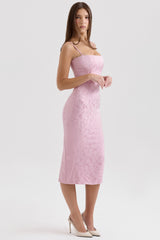 Pink Jacquard Lace Up Bodycon Midi Dress