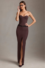Liora-Pinstripe Low-Rise Maxi Skirt in Chocolate Brown