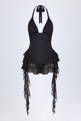 Kristena-Ruffled Halterneck Bodysuit in Black