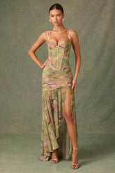 Haruna-Ruched Asymmetric Corset Gown in Floral Multi Print