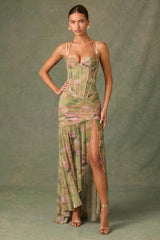 Haruna-Ruched Asymmetric Corset Gown in Floral Multi Print