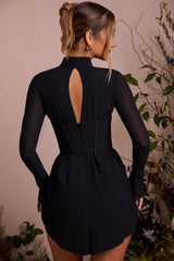 Joelene-Long Sleeve Plunge Neck Mini Dress in Black
