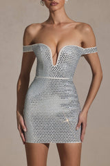 Leonora-Embellished Off-Shoulder Mini Dress in White