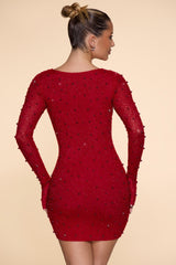 Nice-Long Sleeve Deep Plunge Mini Dress in Red