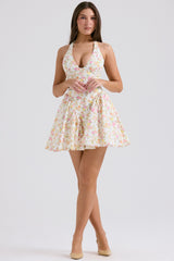 Ivory Meadow Print Cotton Halter Mini Dress