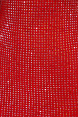 Delfina-Embellished High Neck Cowl Back Mini Dress in Fire Red