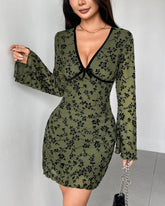 Green Floral V Neck Mini Dress