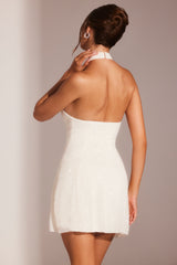 Sorrento-Embellished Asymmetric Neck A-Line Mini Dress in White